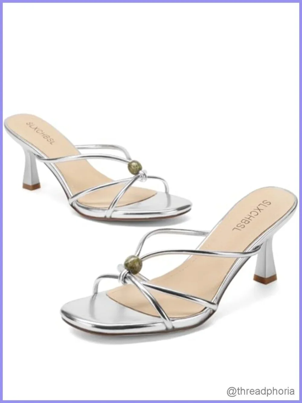 Slip On Kitten Heels for Women Round Open Toe Beaded Heeled Sandals